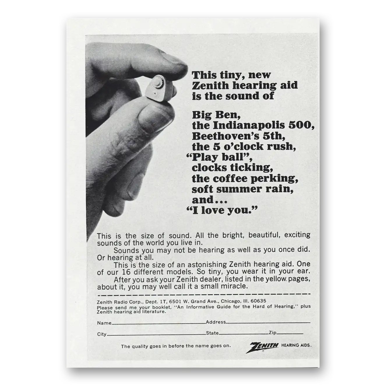 1967 Zenith Hearing Aid Big Ben Indianapolis 500 Vintage Magazine Print Ad