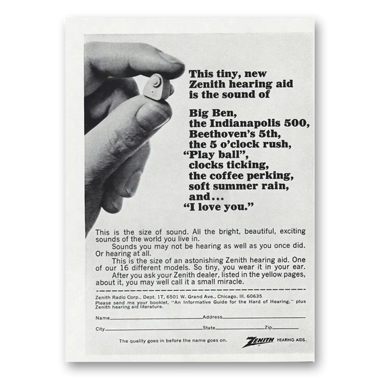 1967 Zenith Hearing Aid Big Ben Indianapolis 500 Vintage Magazine Print Ad