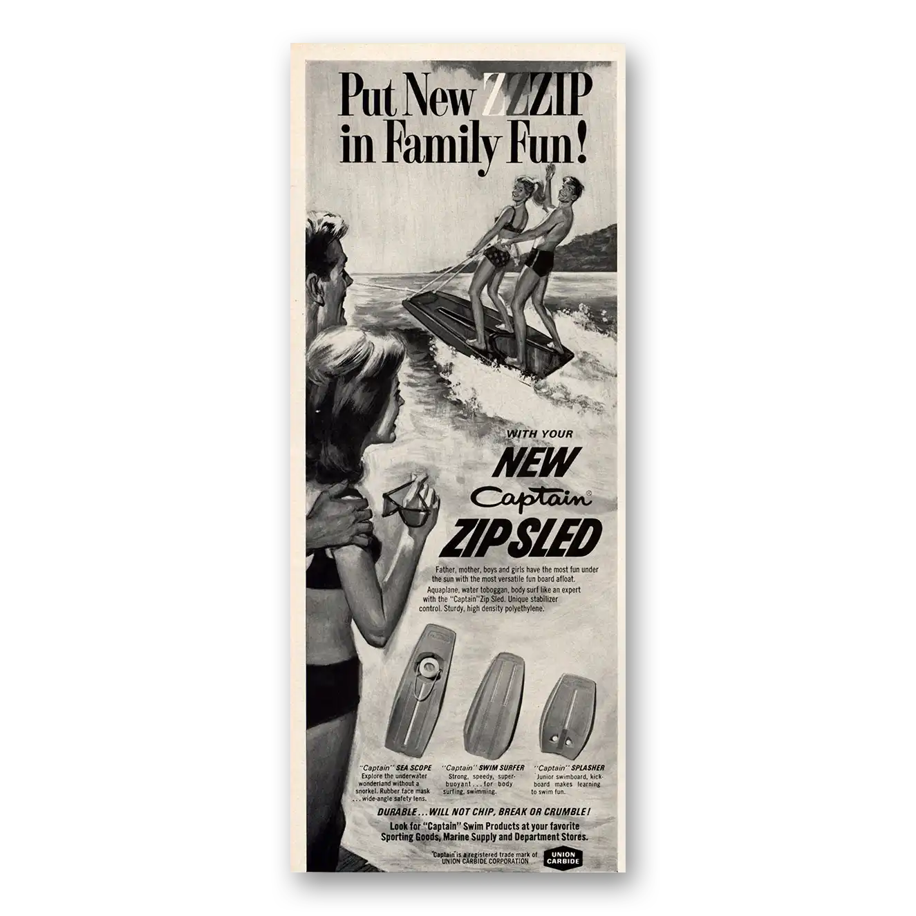 1967 Union Carbide Captain Zip Sled New Zzzip In Family Fun Vintage Magazine Print Ad