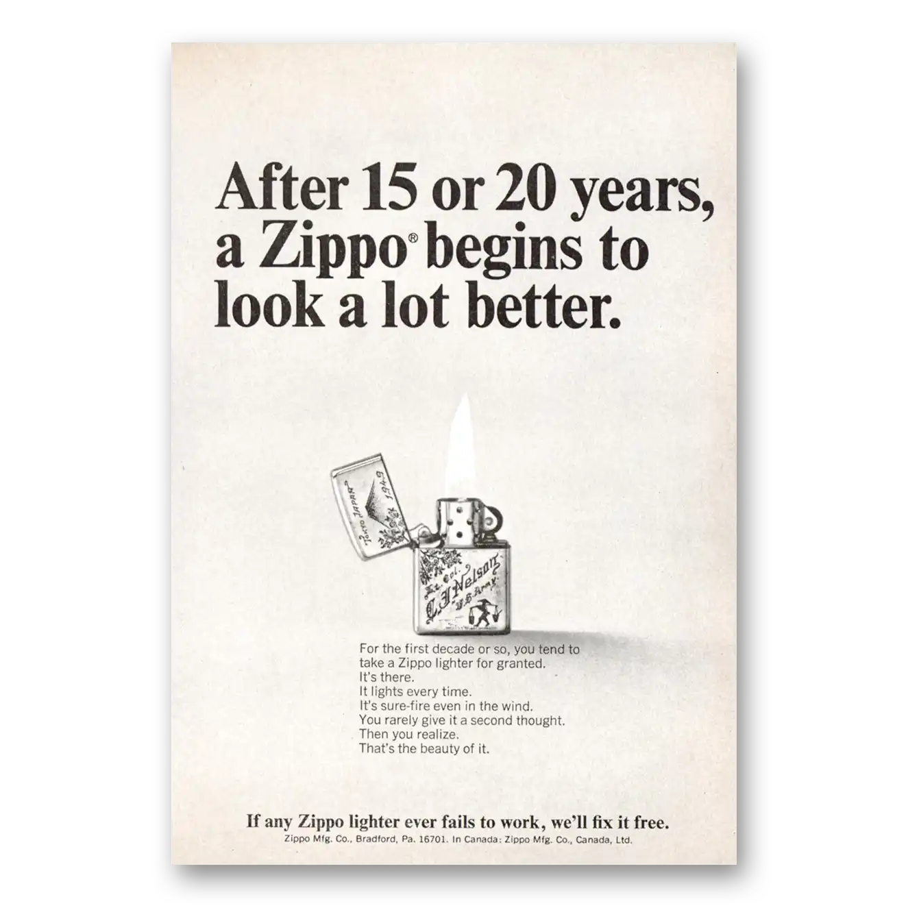 1967 Zippo Lighter After 15 or 20 Years Vintage Magazine Print Ad