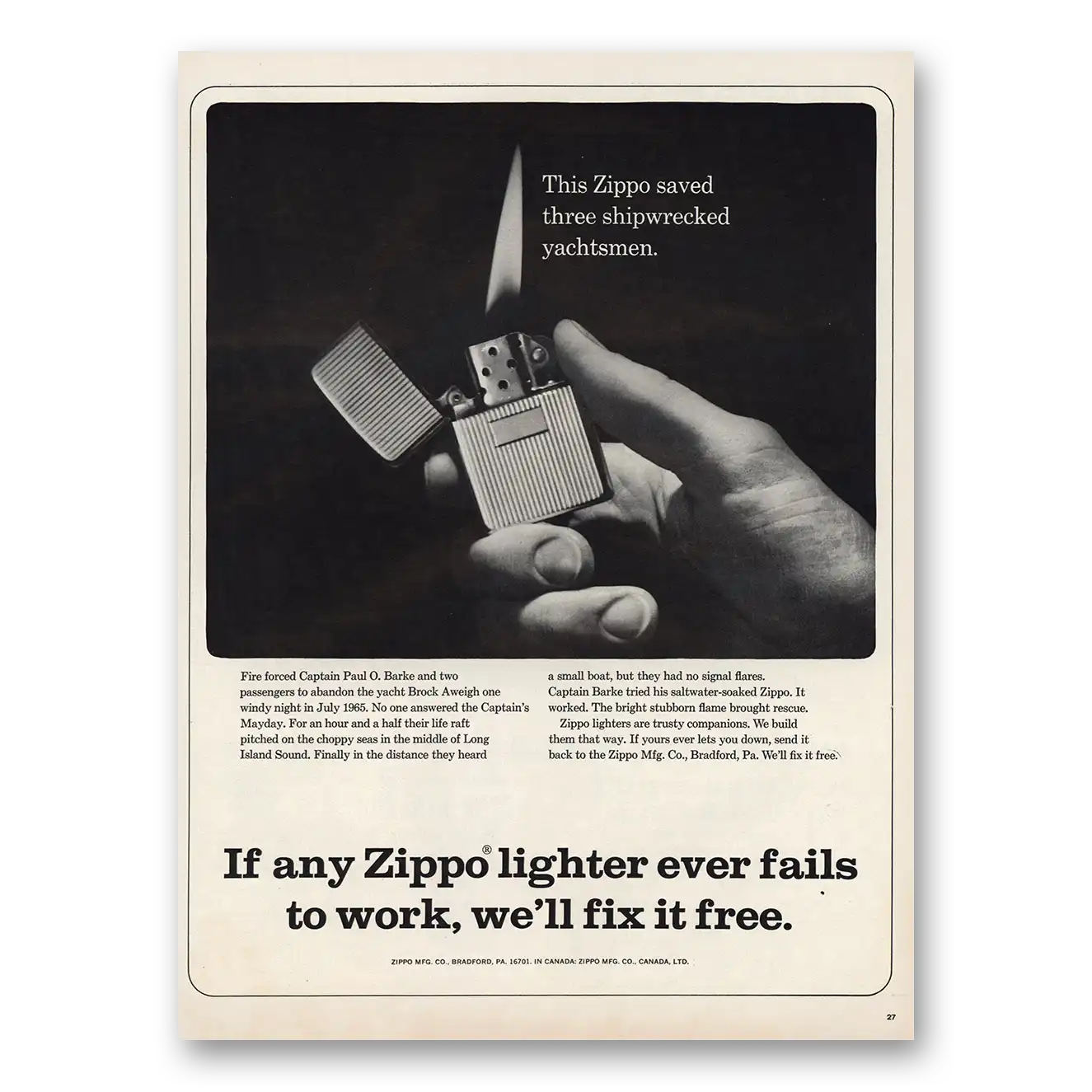 1967 Zippo Lighter Saved Three Shipwrecked Yachtsmen Vintage Magazine Print Ad