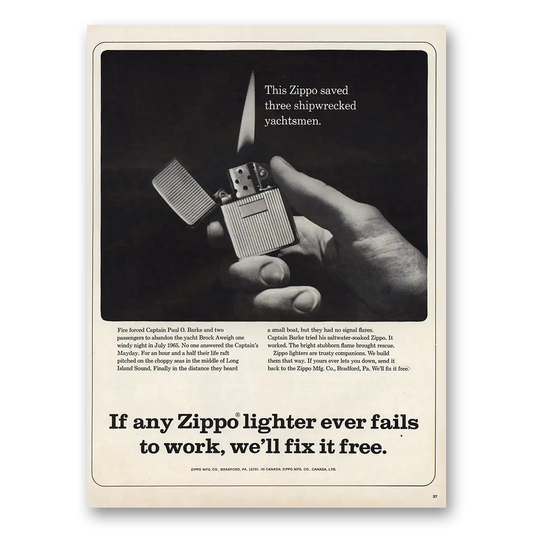 1967 Zippo Lighter Saved Three Shipwrecked Yachtsmen Vintage Magazine Print Ad