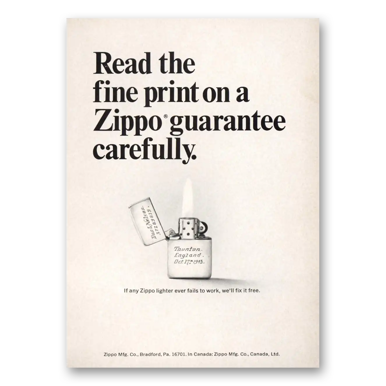 1967 Zippo Lighter Read the Fine Print Vintage Magazine Print Ad