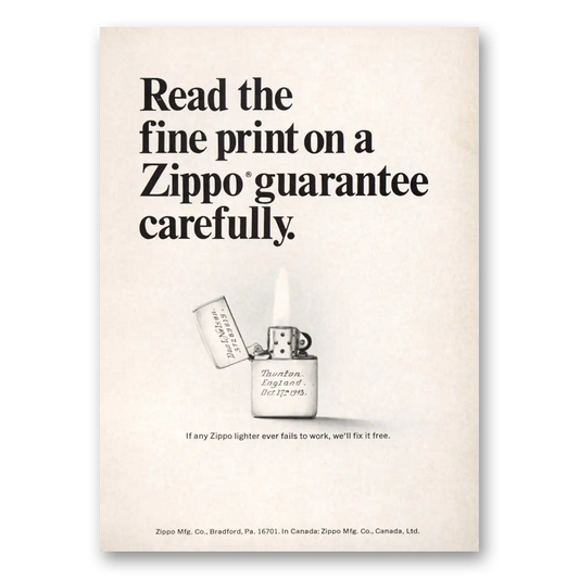 1967 Zippo Lighter Read the Fine Print Vintage Magazine Print Ad