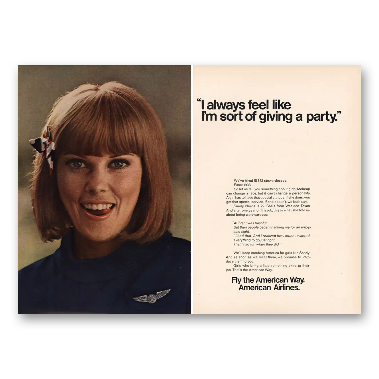 1968 American Airlines Feel Like Im Sort of Giving Party Vintage Magazine Print Ad