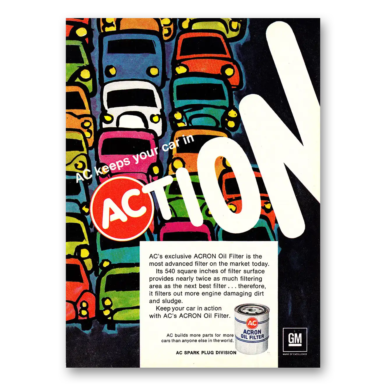 1968 AC Oil Filter Keeps Your Car in Action Vintage Magazine Print Ad