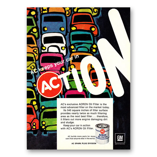 1968 AC Oil Filter Keeps Your Car in Action Vintage Magazine Print Ad