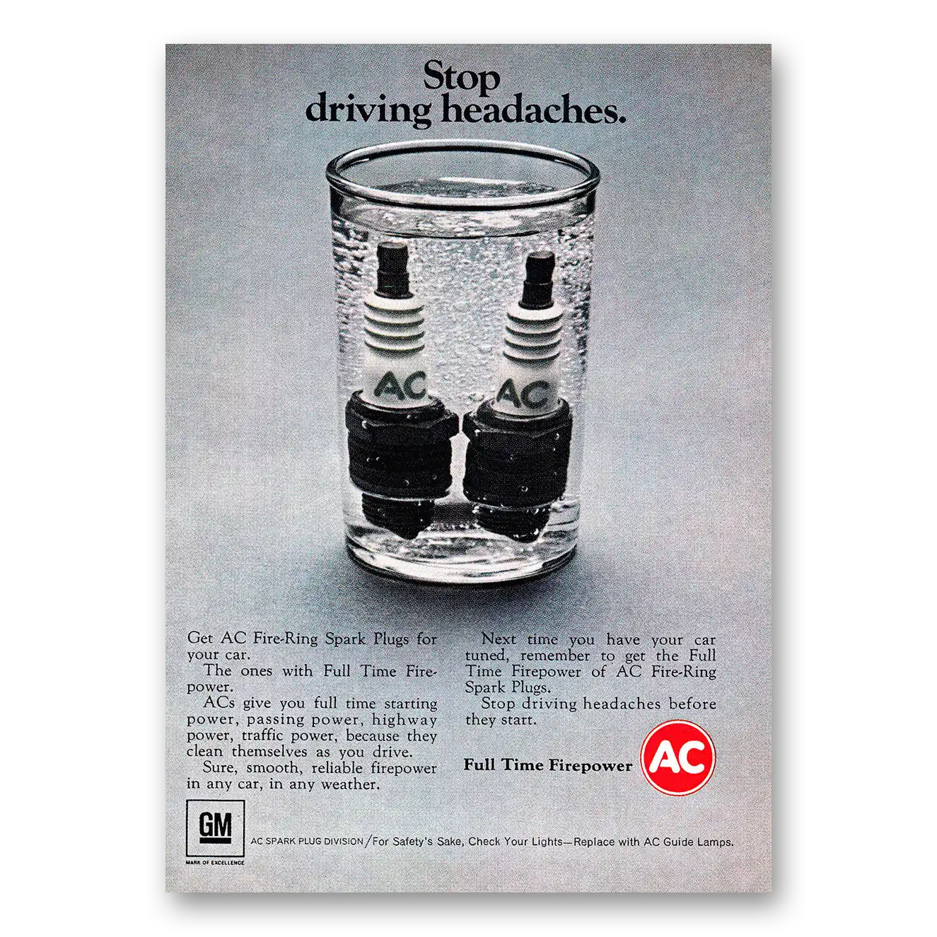 1968 AC Spark Plugs Stop Driving Headaches Vintage Magazine Print Ad