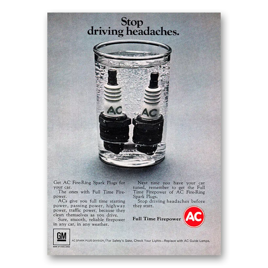 1968 AC Spark Plugs Stop Driving Headaches Vintage Magazine Print Ad