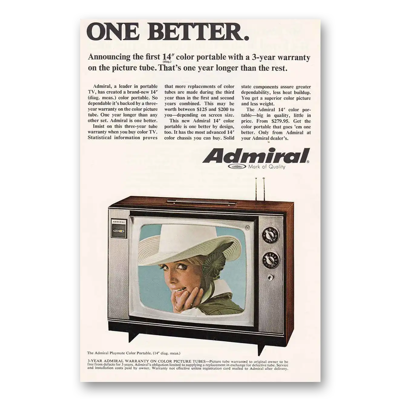 1968 Admiral Television One Better Color Portable Vintage Magazine Print Ad