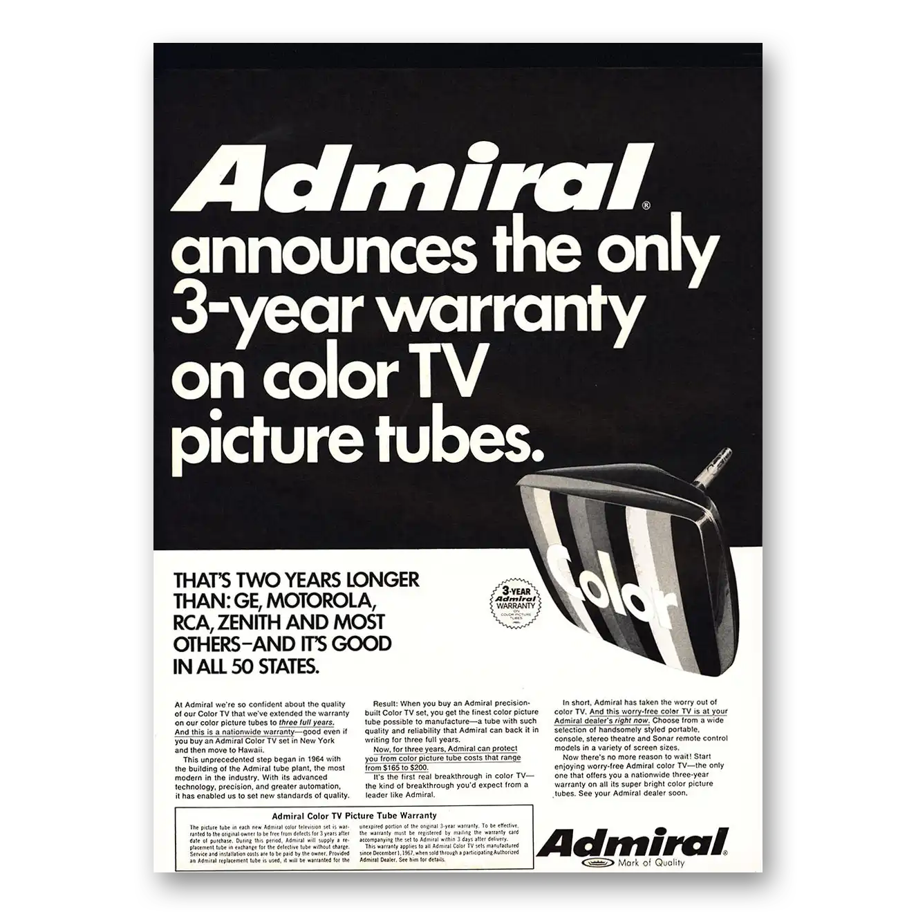 1968 Admiral Television Picture Tubes Vintage Magazine Print Ad