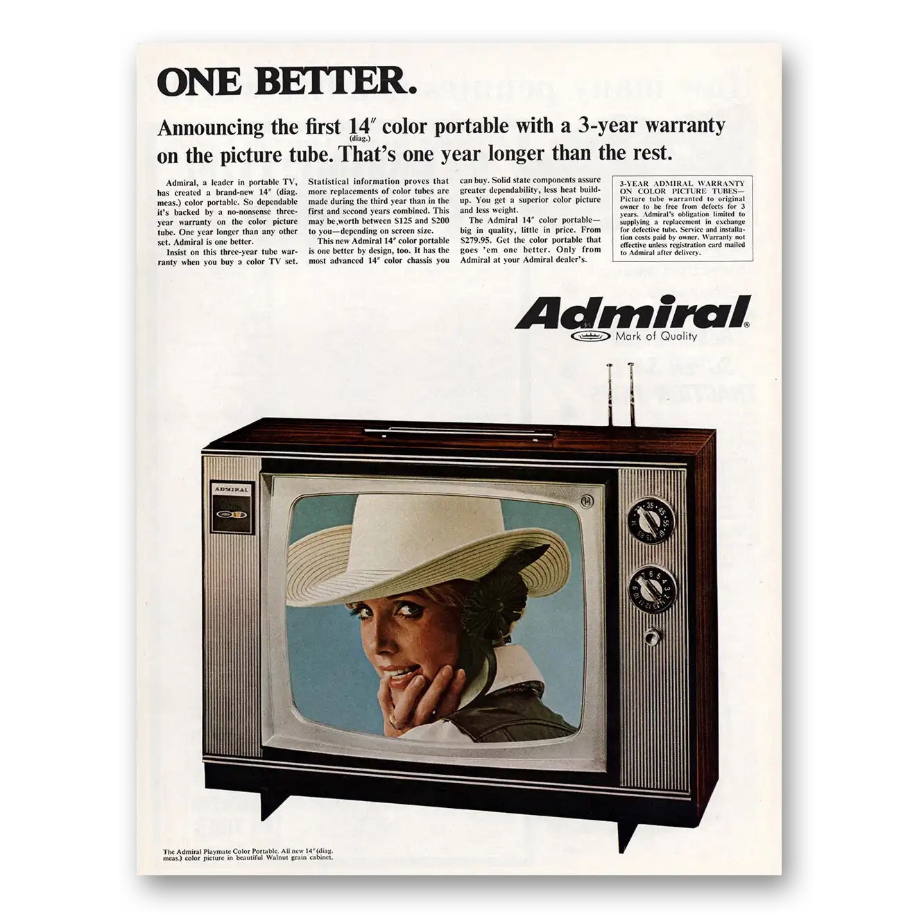 1968 Admiral Television One Better One Year Longer Than the Rest Vintage Magazine Print Ad