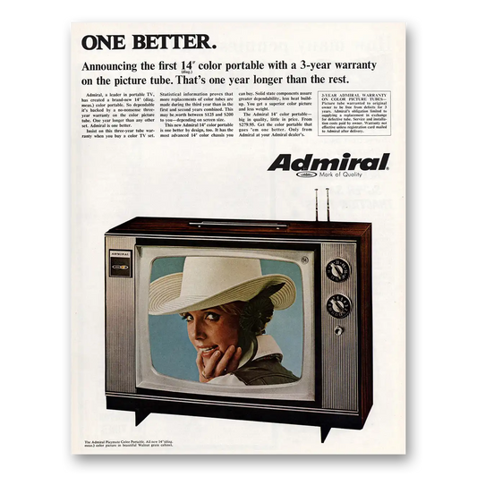 1968 Admiral Television One Better One Year Longer Than the Rest Vintage Magazine Print Ad