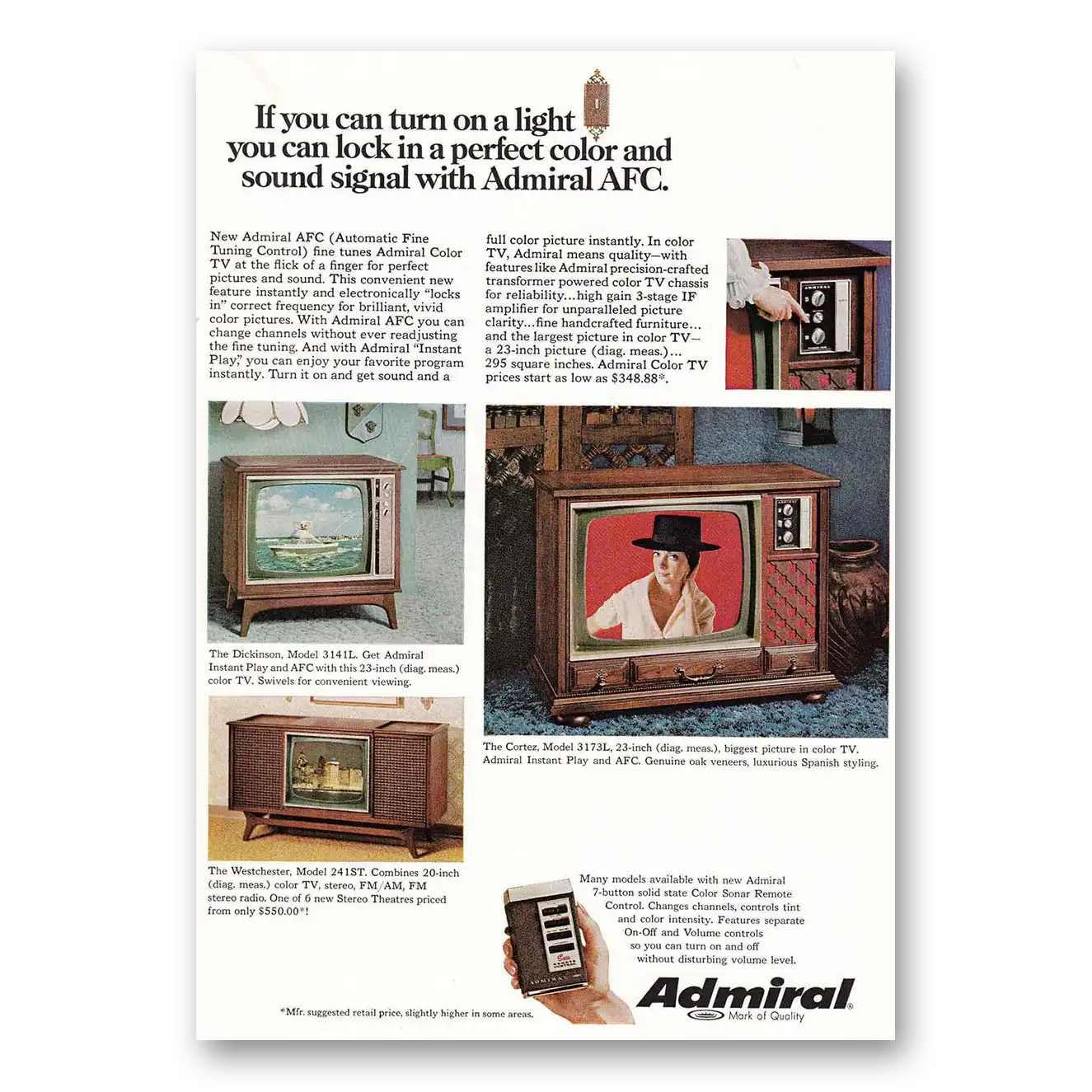 1968 Admiral Television You Can Turn On a Light Vintage Magazine Print Ad