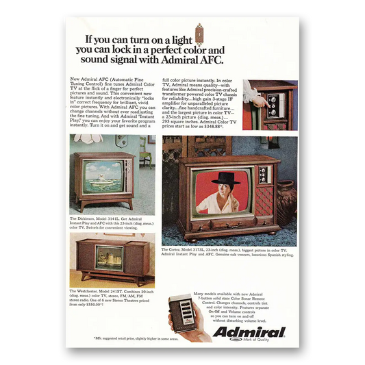 1968 Admiral Television You Can Turn On a Light Vintage Magazine Print Ad