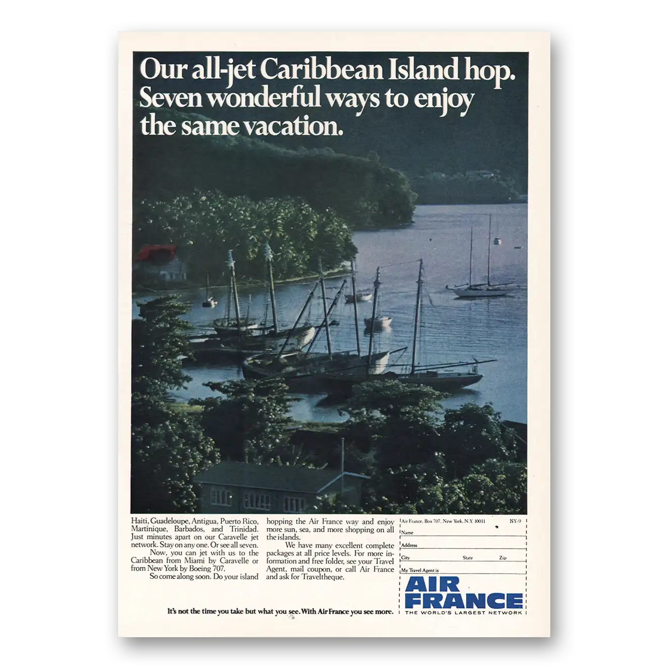 1968 Air France All Jet Caribbean Island Hop Vintage Magazine Print Ad