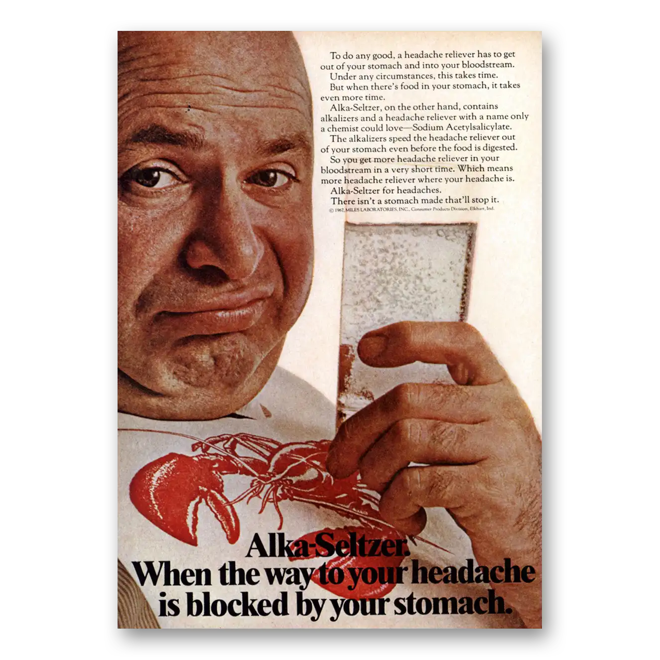 1968 Alka Seltzer Lobster Way to Your Headache Vintage Magazine Print Ad