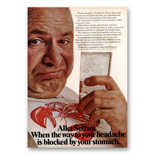 1968 Alka Seltzer Lobster Way to Your Headache Vintage Magazine Print Ad