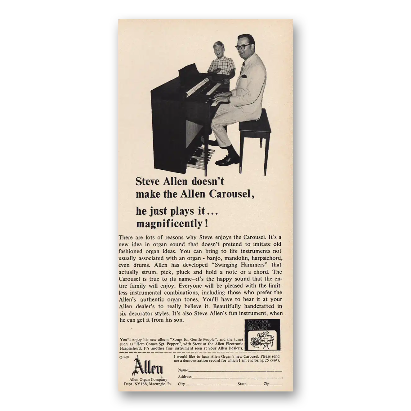 1968 Allen Organ Steve Allen Doesn’t Make Allen Carousel Vintage Magazine Print Ad