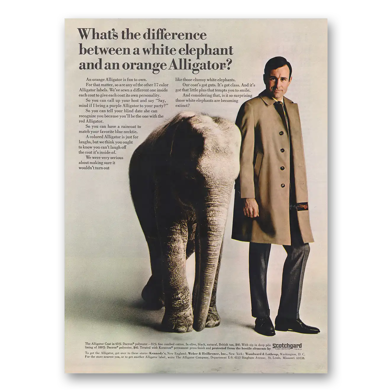 1968 Alligator Coats White Elephant and an Orange Alligator Vintage Magazine Print Ad