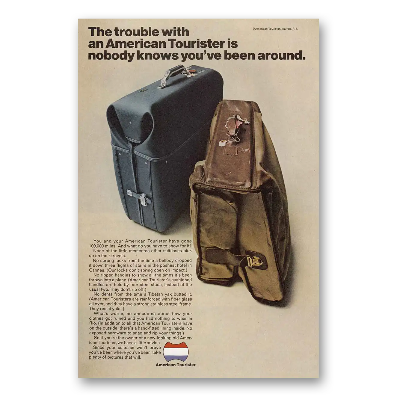 1968 American Tourister Luggage Nobody Knows You've Been Around Vintage Magazine Print Ad