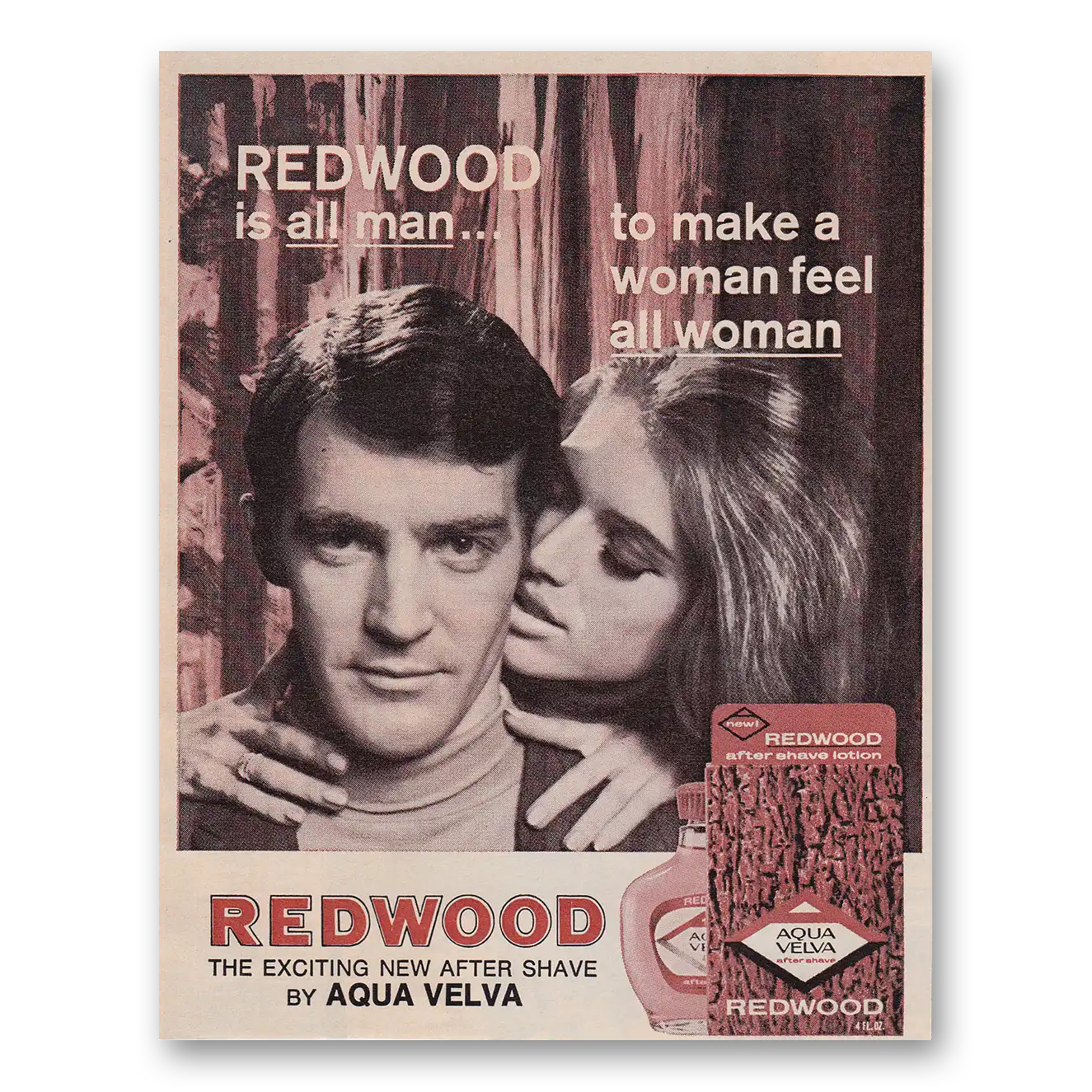 1968 Redwood After Shave All Man to Make Woman Feel All Woman Vintage Magazine Print Ad