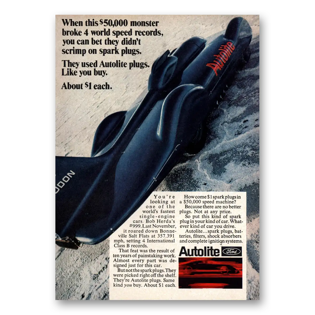 1968 Autolite Spark Plugs Monster Broke 4 World Speed Records Vintage Magazine Print Ad