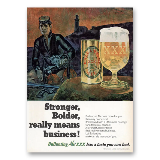 1968 Ballantines Ale Stronger Bolder Really Means Business Vintage Magazine Print Ad