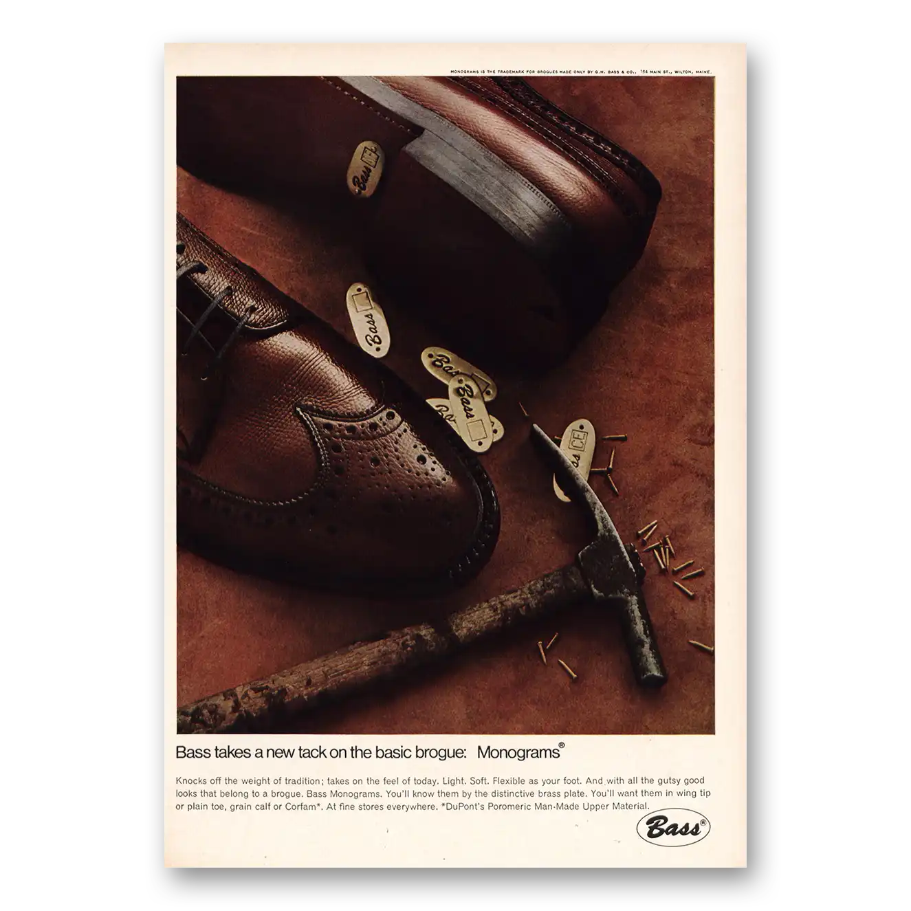 1968 Bass Shoes Basic Brogue Monograms Vintage Magazine Print Ad