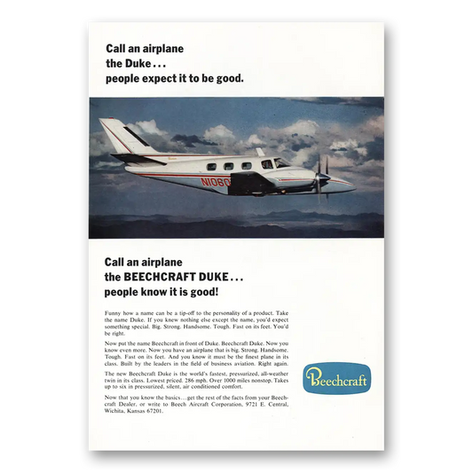 1968 Beechcraft Duke People Expect It To Be Good Vintage Magazine Print Ad