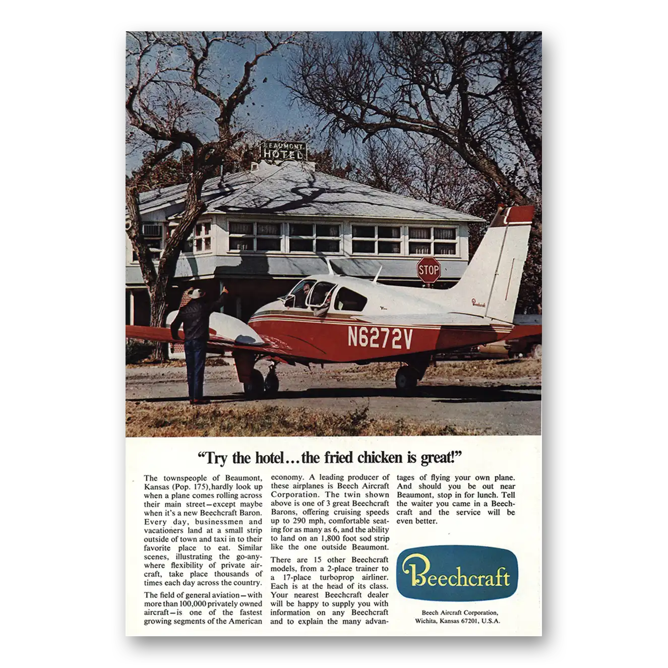 1968 Beechcraft Baron Try Hotel Fried Chicken Is Great Vintage Magazine Print Ad