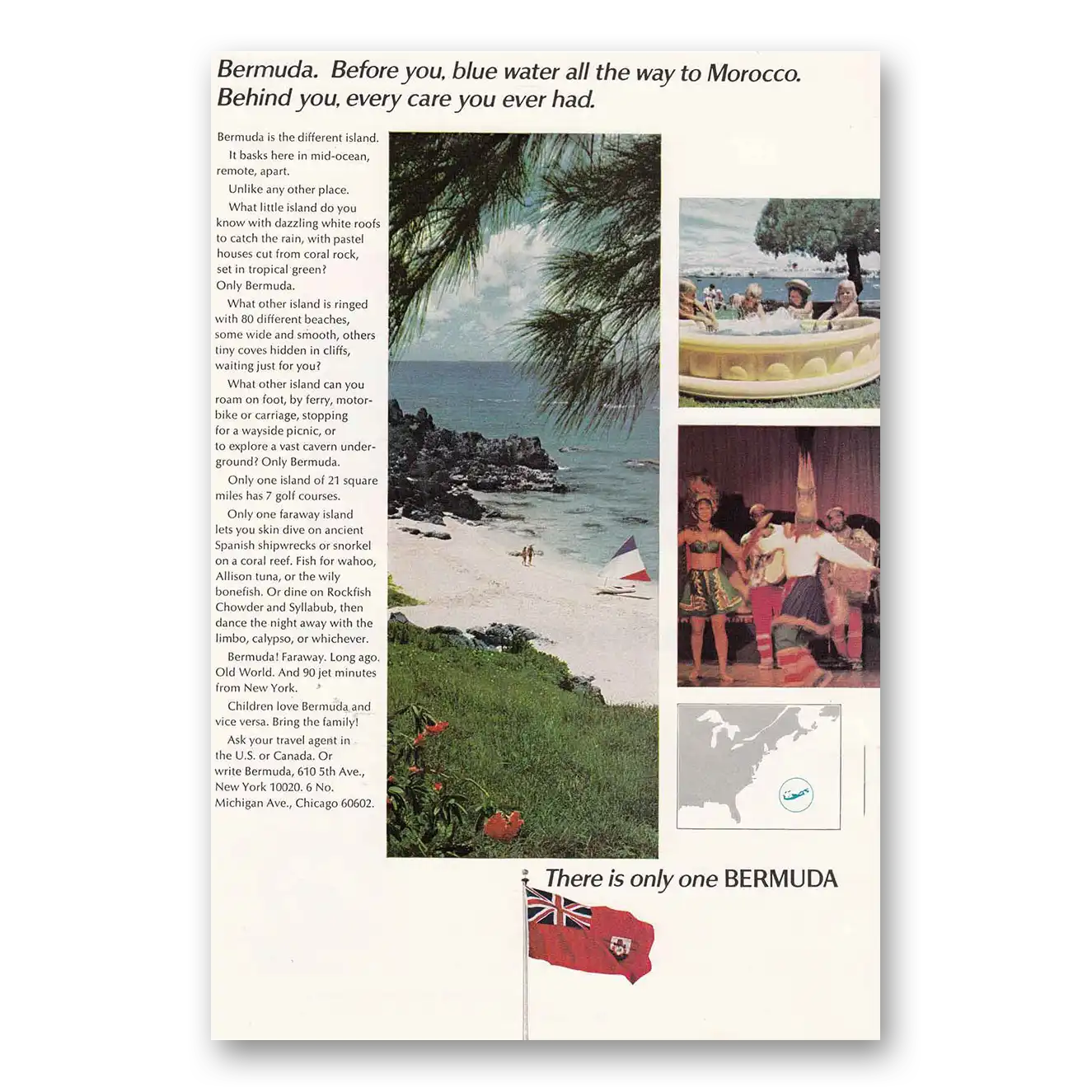 1968 Bermuda Blue Water all the Way to Morocco Vintage Magazine Print Ad