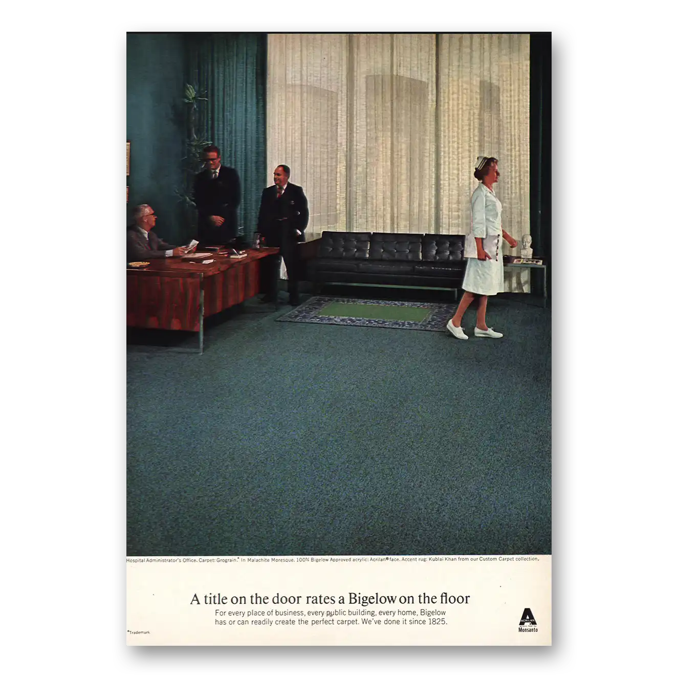 1968 Bigelow Carpet Hospital Administrators Office Vintage Magazine Print Ad