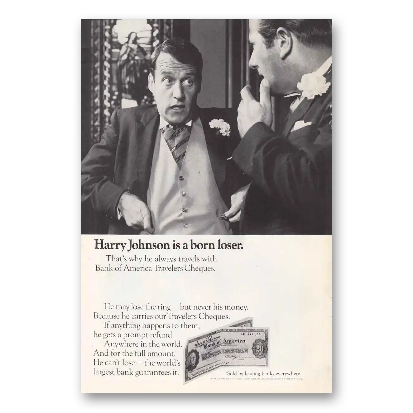 1968 Bank of America Travelers Cheques Harry Johnson Born Loser Vintage Magazine Print Ad