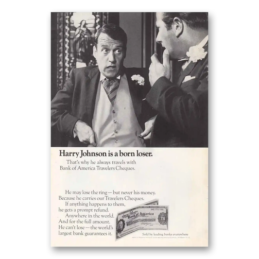 1968 Bank of America Travelers Cheques Harry Johnson Born Loser Vintage Magazine Print Ad