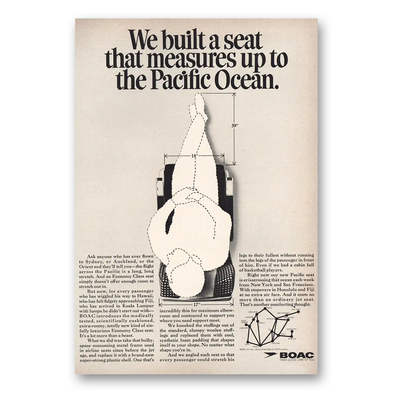 1968 British Airways BOAC Built Seat Measures Up To Pacific Ocean Vintage Magazine Print Ad