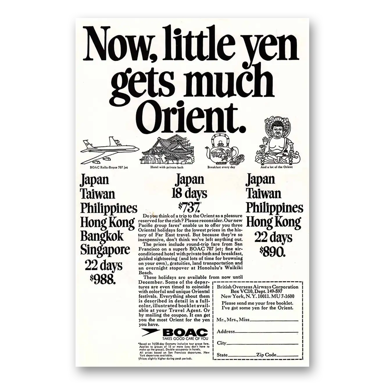 1968 British Airways BOAC Little Yen Gets Much Orient Vintage Magazine Print Ad