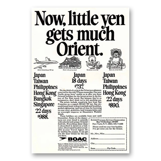 1968 British Airways BOAC Little Yen Gets Much Orient Vintage Magazine Print Ad