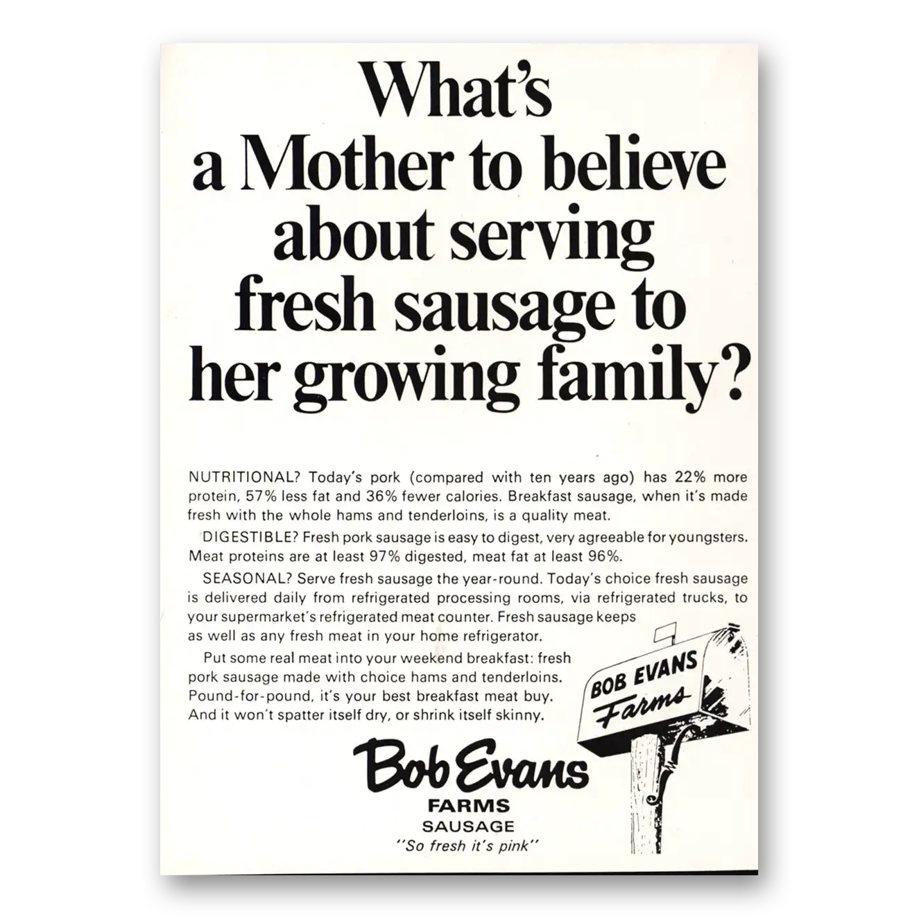 1968 Bob Evans Farms Mother to Believe About Serving Fresh Sausage Vintage Magazine Print Ad