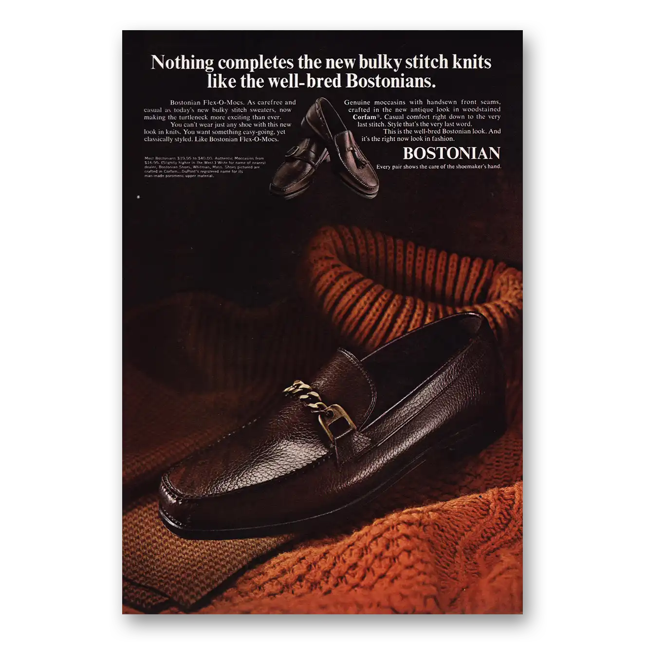 1968 Bostonian Shoes Bulky Stitch Knits Vintage Magazine Print Ad