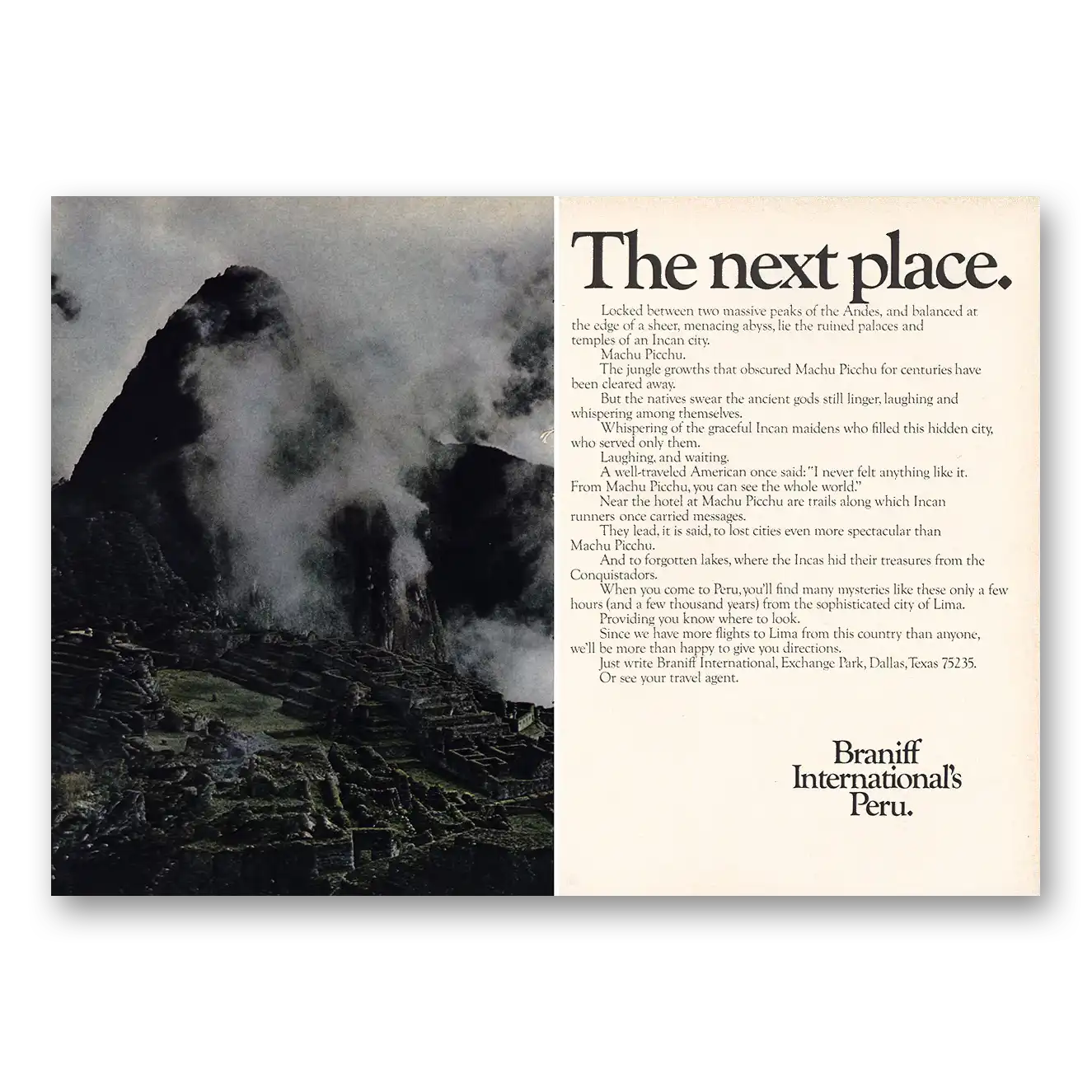 1968 Braniff International Airways Next Place Peru Vintage Magazine Print Ad