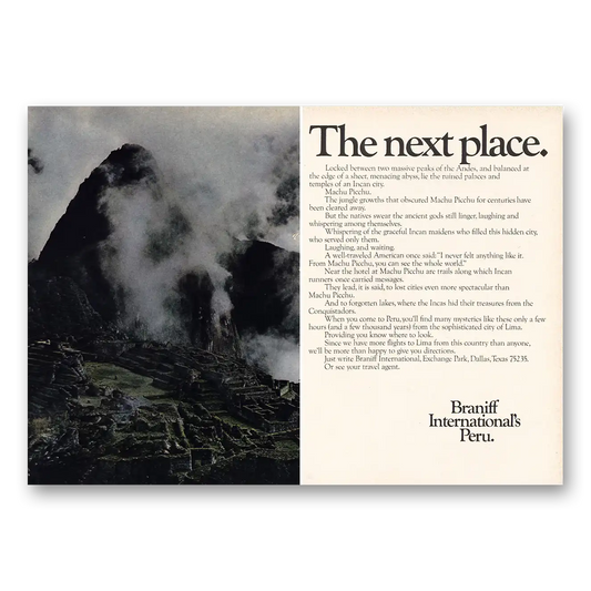 1968 Braniff International Airways Next Place Peru Vintage Magazine Print Ad