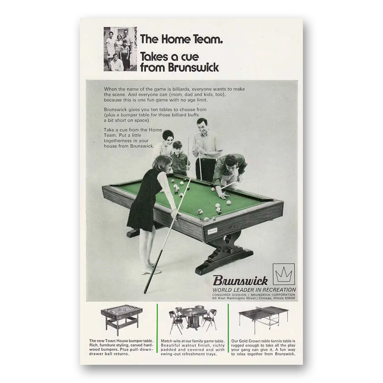 1968 Brunswick Billiard Tables Take a Cue Vintage Magazine Print Ad