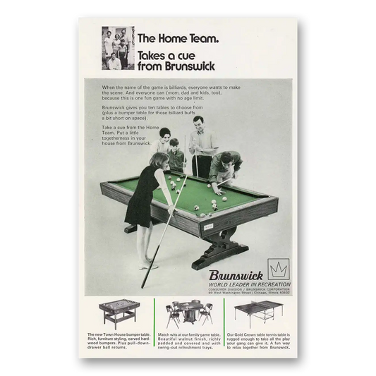 1968 Brunswick Billiard Tables Take a Cue Vintage Magazine Print Ad