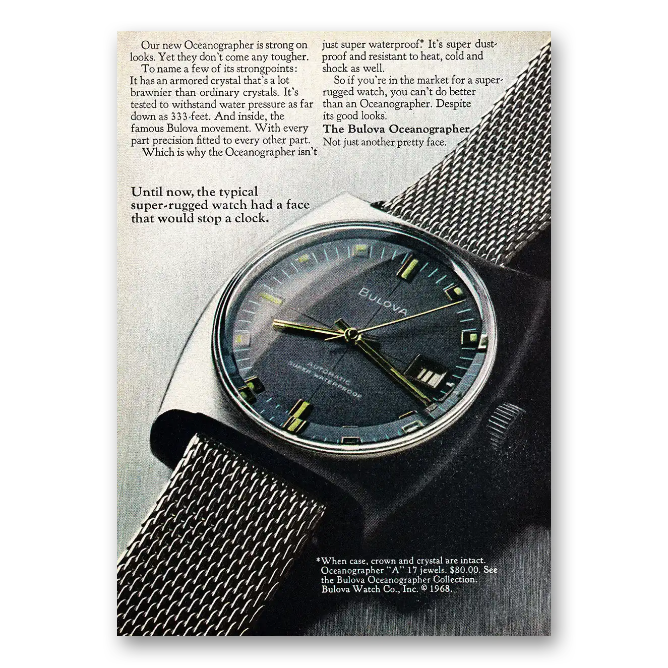 1968 Bulova Watch Oceanographer Watch Face That Would Stop a Clock Vintage Magazine Print Ad