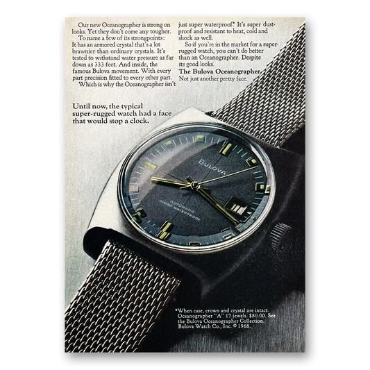 1968 Bulova Watch Oceanographer Watch Face That Would Stop a Clock Vintage Magazine Print Ad