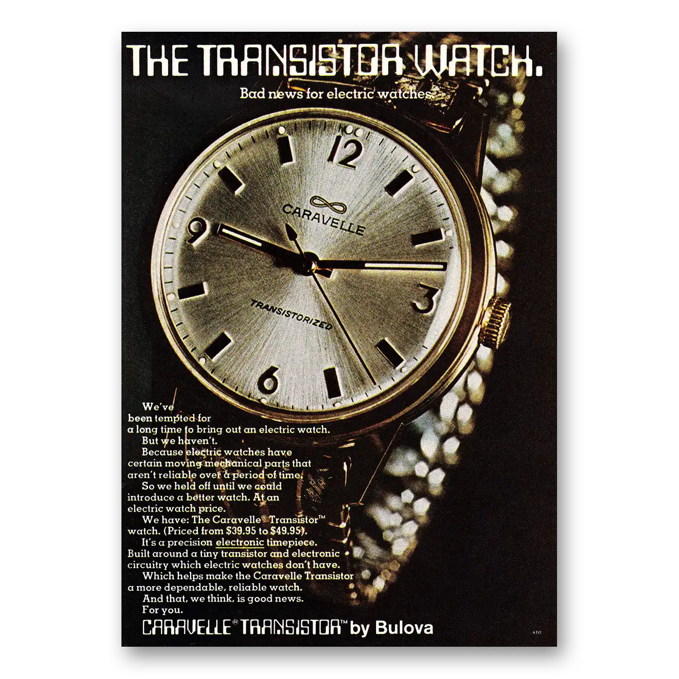 1968 Caravelle Watch Transistor Watch Bad News for Electric Watches Vintage Magazine Print Ad