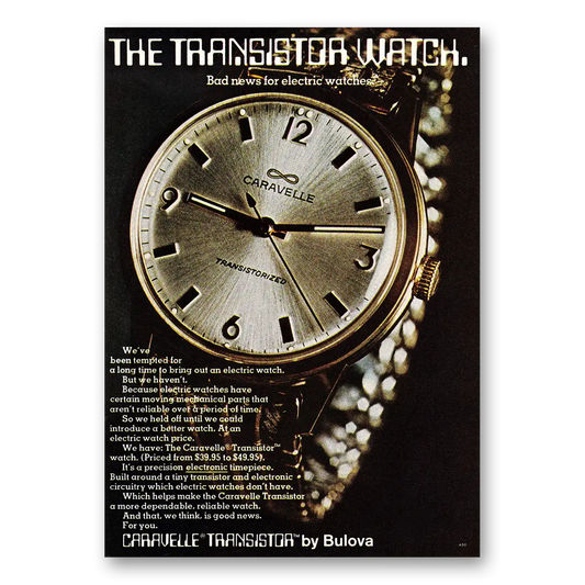 1968 Caravelle Watch Transistor Watch Bad News for Electric Watches Vintage Magazine Print Ad