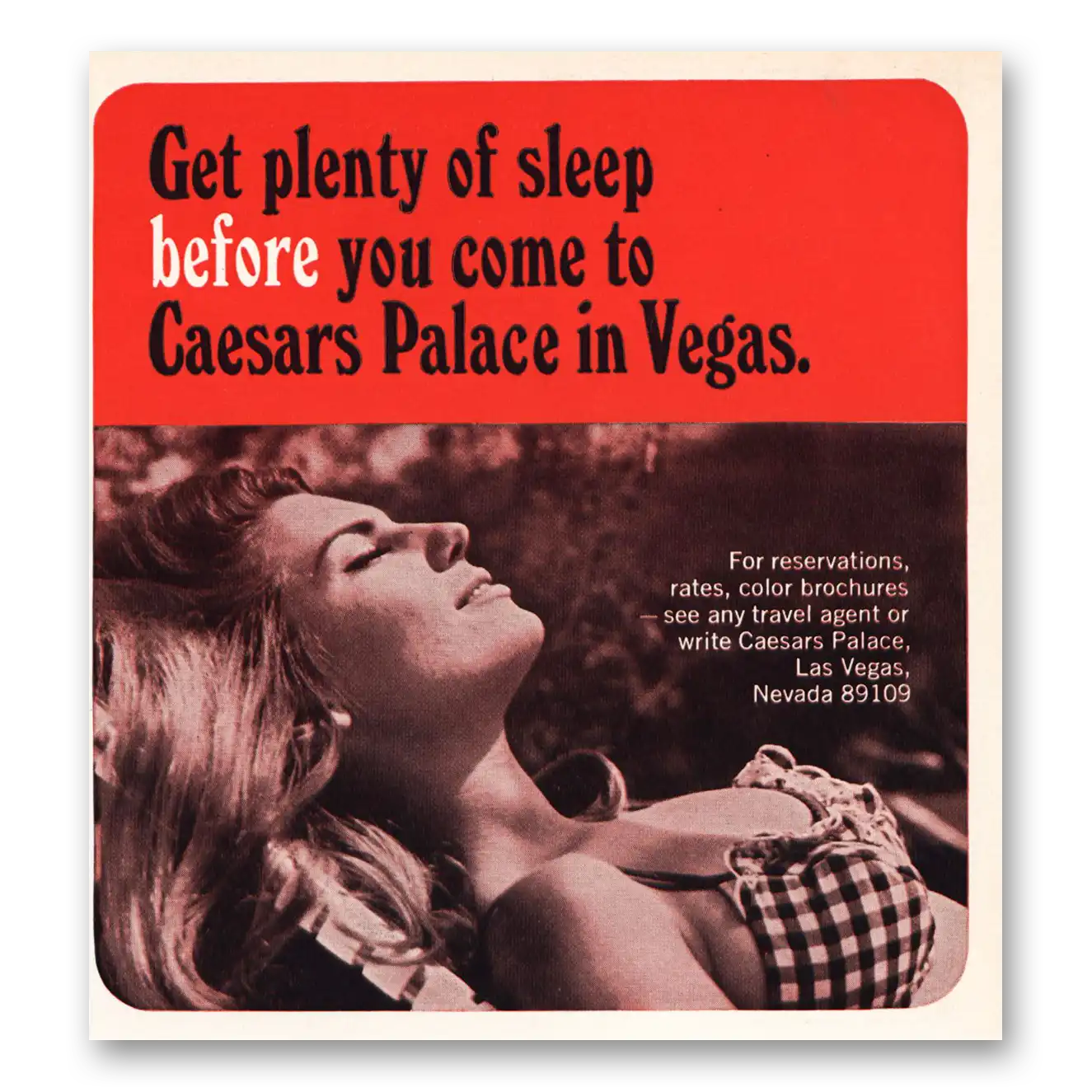 1968 Caesars Palace Get Plenty of Sleep Before You Come Vintage Magazine Print Ad