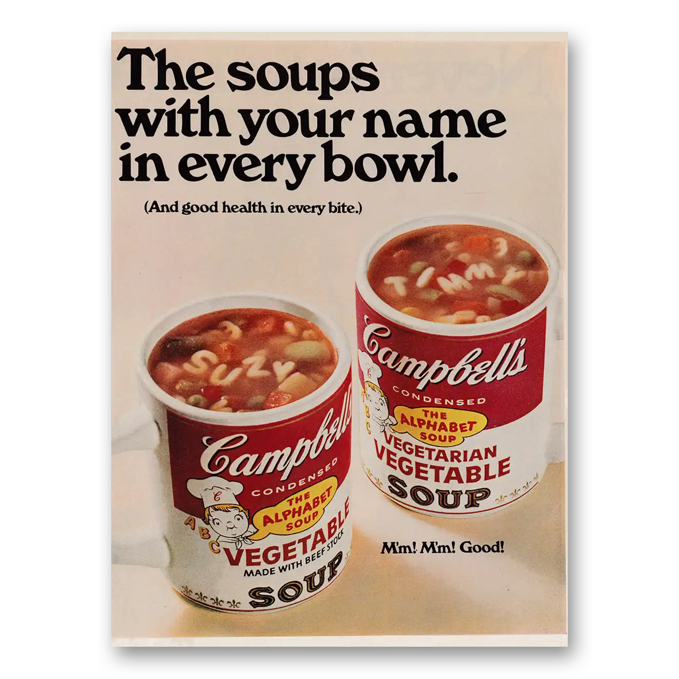 1968 Campbells Vegetable Soup Soups With Your Name In Every Bowl Vintage Magazine Print Ad